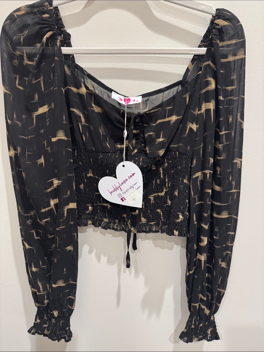 Buddy Love Black Sheer Smocked Blouse Top with Gold Brushprint